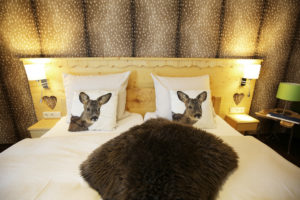 Holz-Doppelbett mit weißer Bettwäsche, zwei Kissen mit einem Rehkopf und brauner Rehfell-Tapete an der Wand, Hotel Lüdenscheid