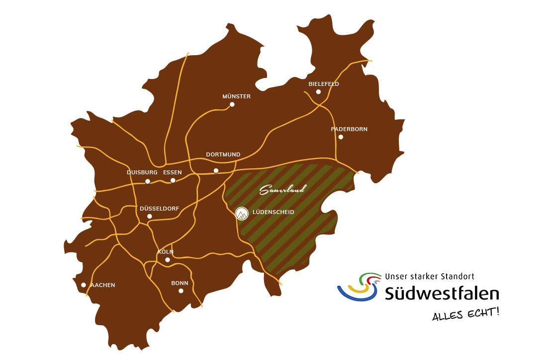 NRW Karte, Sauerland ist grün markiert und Lüdenscheid mit dem Logo der Sportalm Gipfelglück hervorgehoben, SWR Logo unten rechts